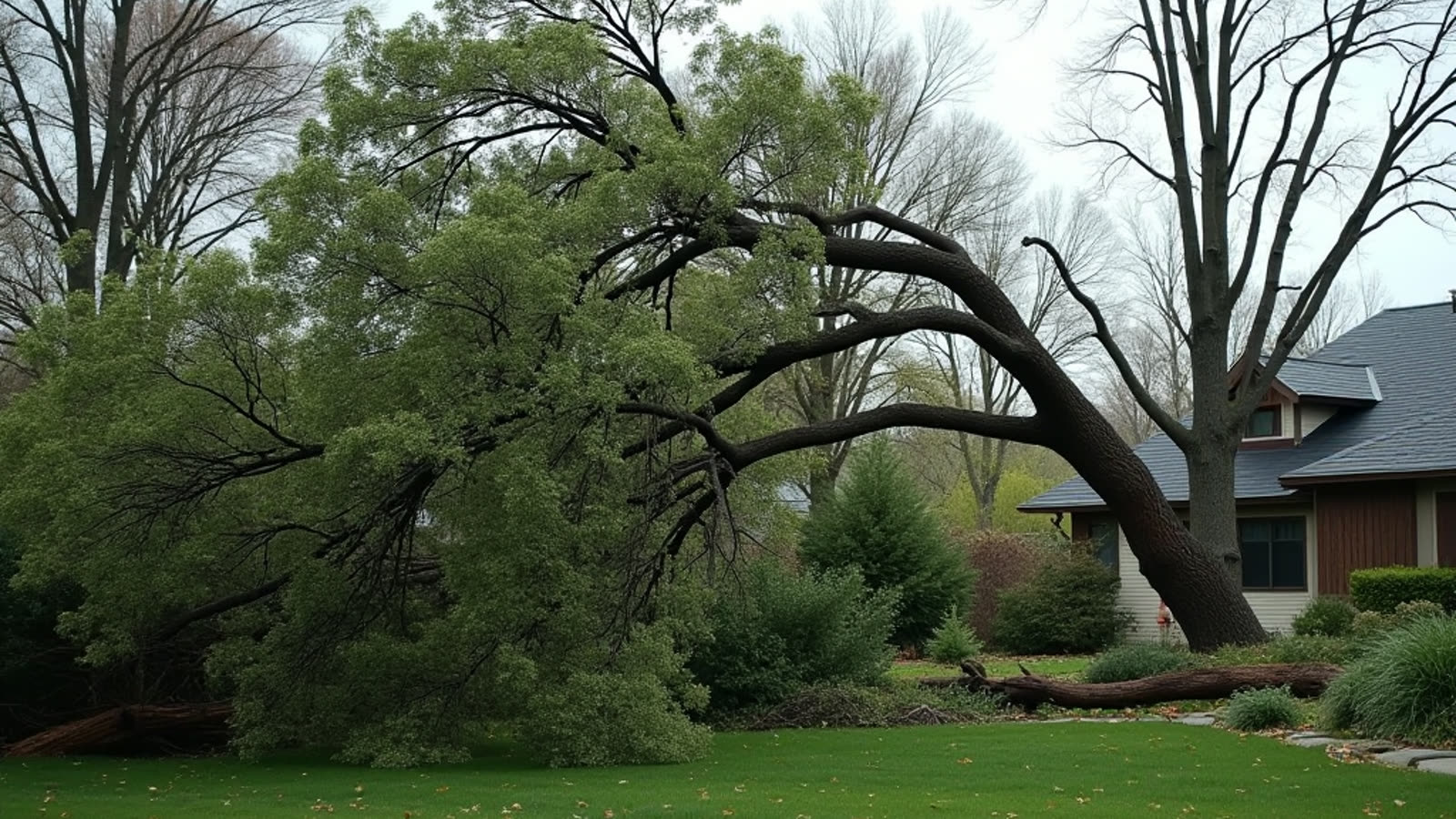 Storm-fallen tree across a lawn in Cape Coral